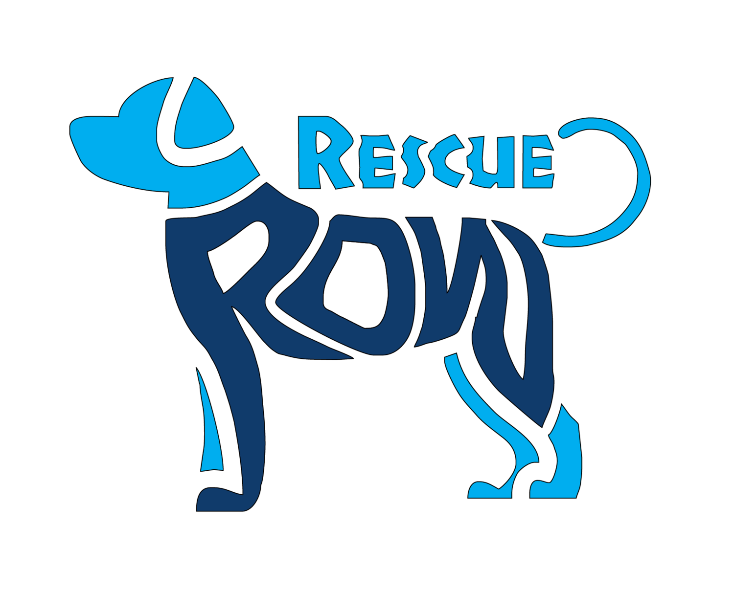 Rescue Row's Logo - A blue dog using the words Rescue Row to create the shape of the dog. 