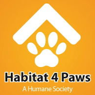 Habitat 4 Paws logo - It is a lemon yellow colored square. In the middle is a white paw print, with the words "Habitat 4 Paws: A Humane Society" underneath. 