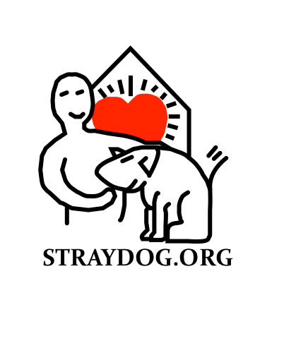 Stray Dog's Logo - There is an outline of a house in the background, with a red heart in the middle. In front of the house is a human with their arm around a dog, who is wagging their tail. At the bottom of the image, it says ' Straydog.org'. 