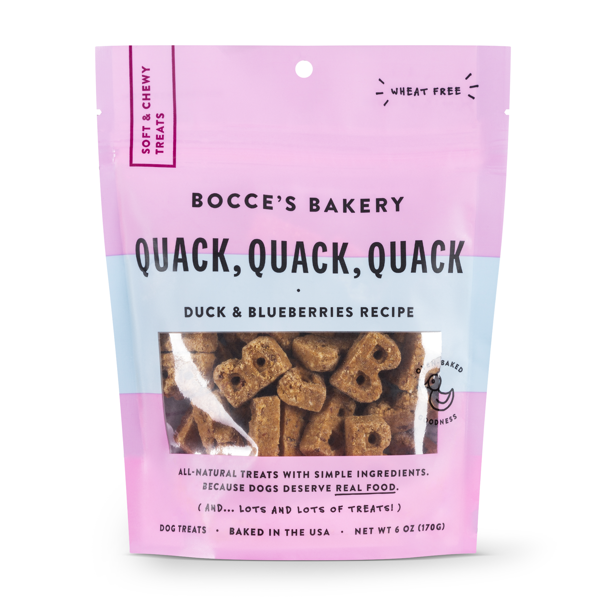 Bocce's Bakery Everyday Quack, Quack, Quack Duck & Blueberries Recipe Soft & Chewy Dog Treats, 6-oz