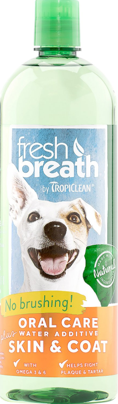 Tropiclean Fresh Breath Water Additive + Plus Skin & Coat, 33.8-oz bottle
