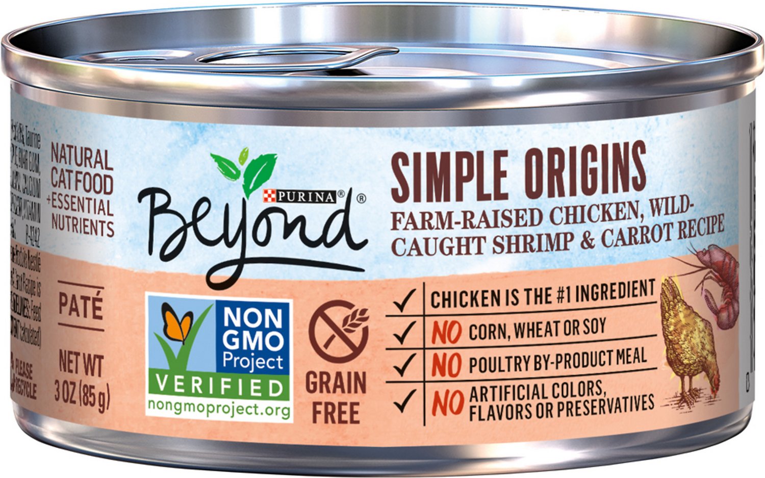 Purina Beyond Simple Origins Farm-Raised Chicken, Wild Caught Shrimp & Carrot Grain-Free Recipe Cat Food, 3-oz, case of 12