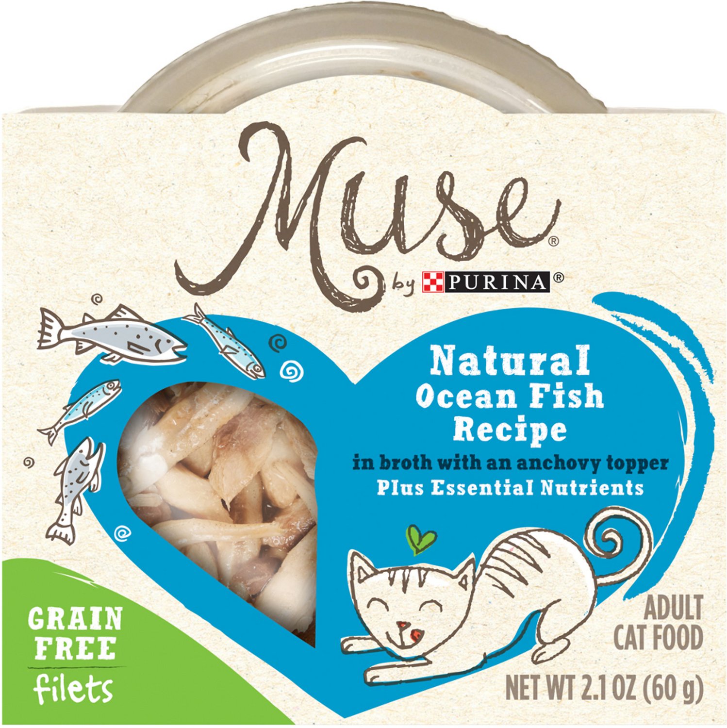 Purina Muse Natural Ocean Fish Recipe in Broth with an Anchovy Topper Adult Grain-Free Cat Food Trays, 2.1-oz tray, case of 10