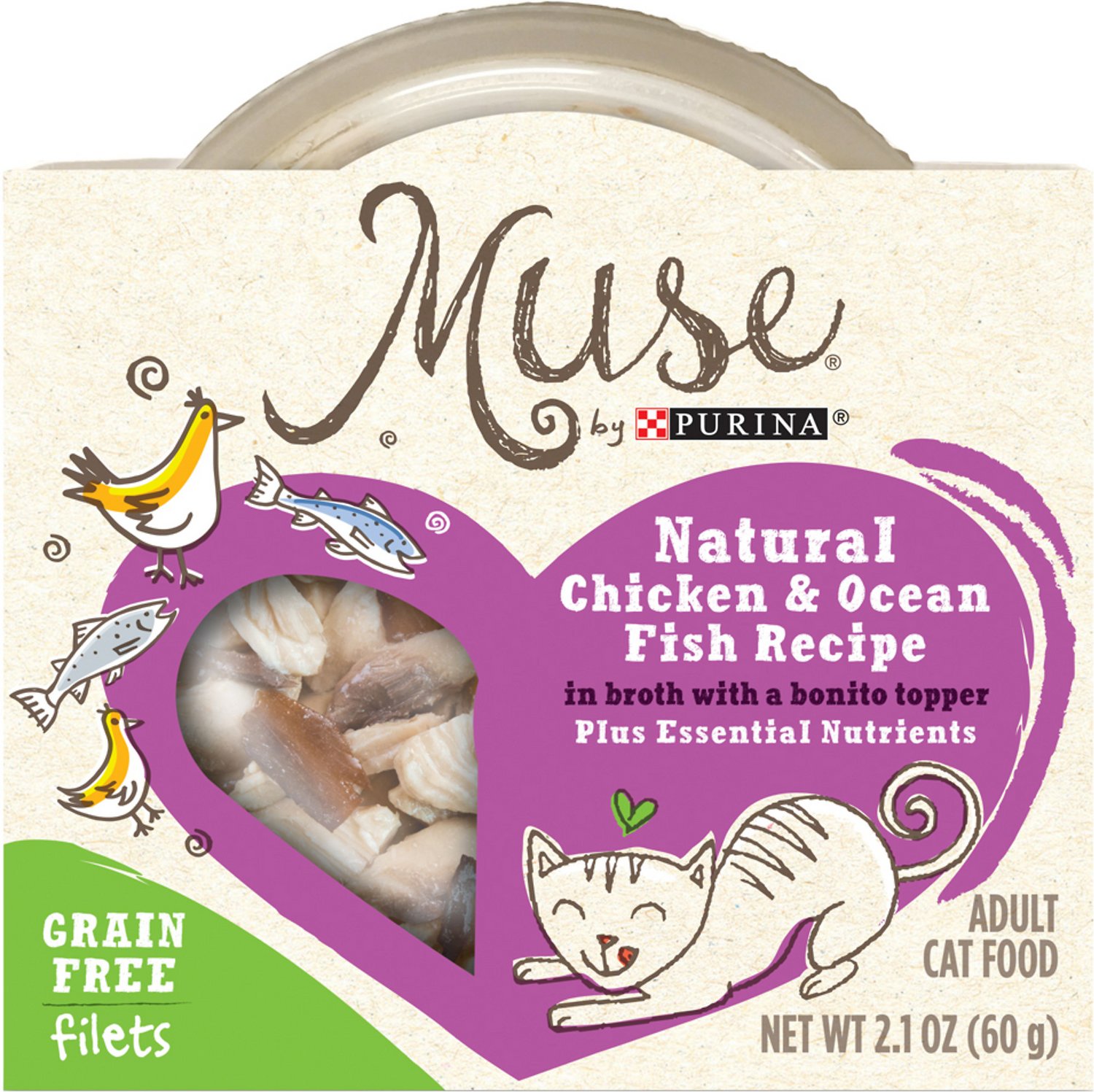 Purina Muse Natural Chicken & Ocean Fish Recipe in Broth with a Bonito Topper Adult Grain-Free Cat Food Trays, 2.1-oz, case of 10