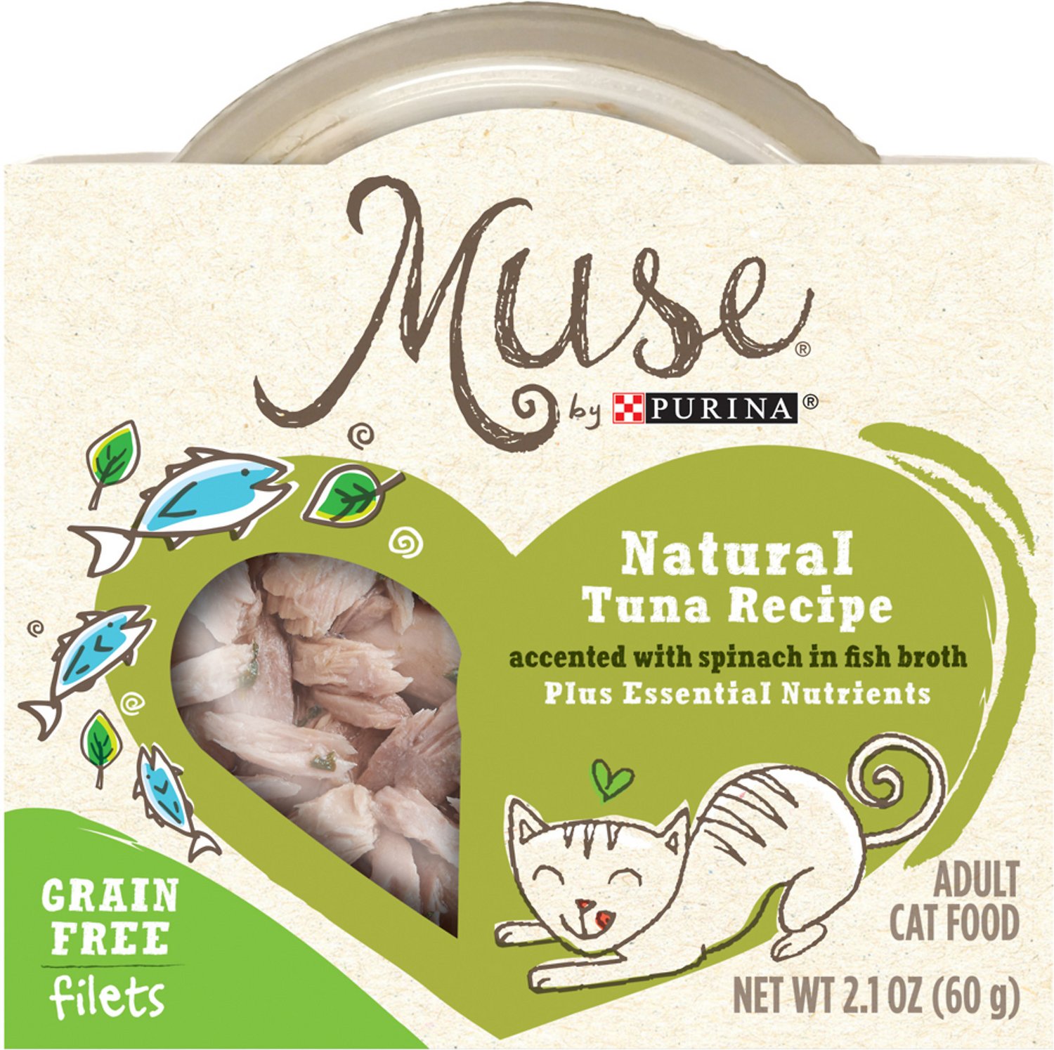 Purina Muse Natural Tuna Recipe Accented with Spinach in Fish Broth Adult Grain-Free Cat Food Trays, 2.1-oz, case of 10