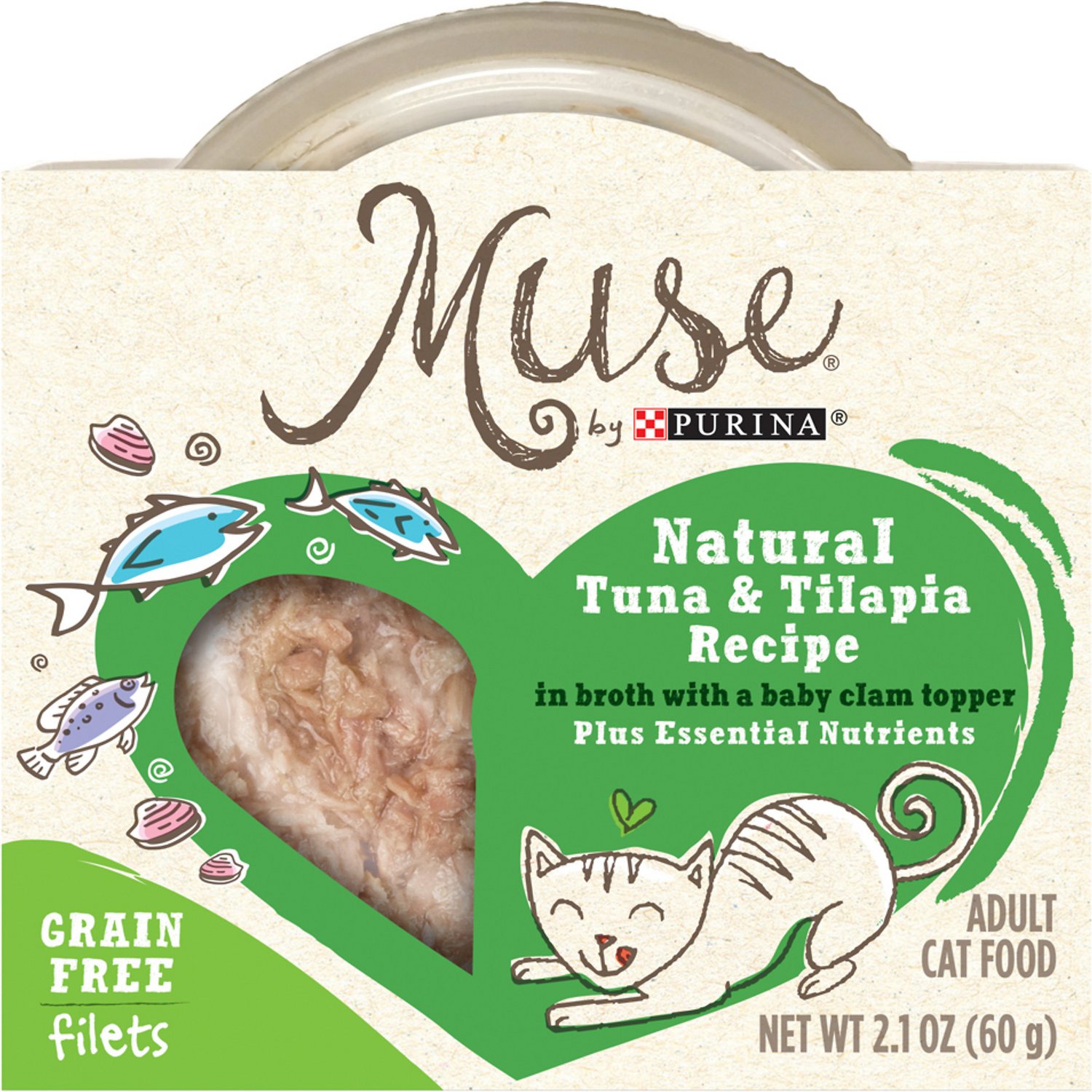Purina Muse Natural Tuna & Tilapia Recipe in Broth with a Baby Clam Topper Adult Grain-Free Cat Food Trays, 2.1-oz, case of 10