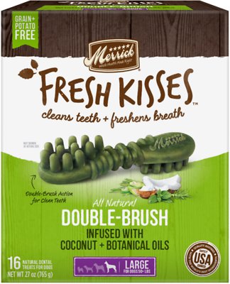 Merrick Fresh Kisses Double-Brush Coconut Oil & Botanicals Large Grain-Free Dental Dog Treats, 16 count