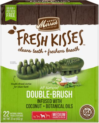 Merrick Fresh Kisses Double-Brush Coconut Oil & Botanicals Medium Grain-Free Dental Dog Treats, 22 count