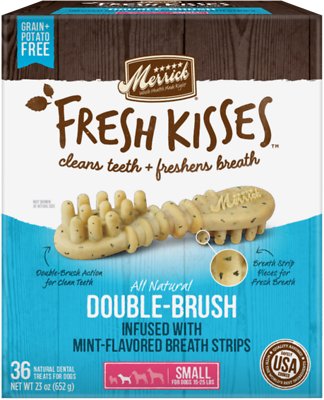 Merrick Fresh Kisses Double-Brush Mint Breath Strips Small Grain-Free Dental Dog Treats, 36-count