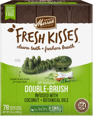 Merrick Fresh Kisses Double-Brush Coconut Oil & Botanicals Extra Small Grain-Free Dental Dog Treats, 78 count