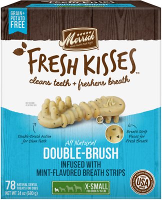Merrick Fresh Kisses Double-Brush Mint Breath Strips Extra Small Grain-Free Dental Dog Treats, 78 count