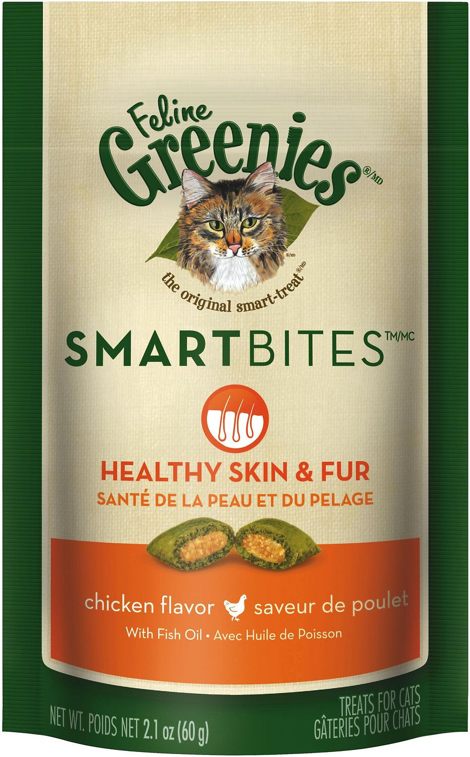 Feline Greenies SmartBites Healthy Skin & Fur Chicken Flavor Cat Treats, 2.1-oz