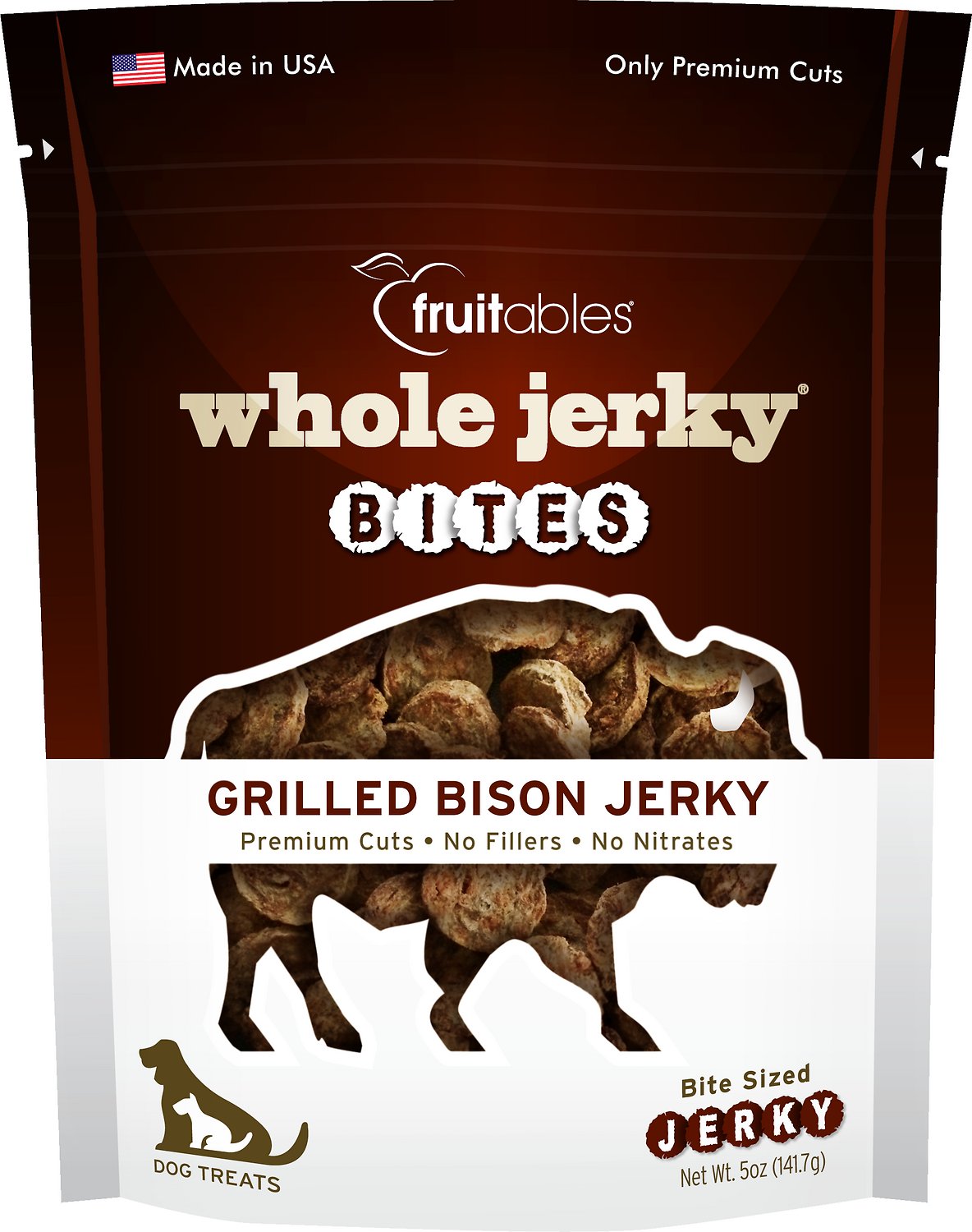Fruitables Whole Jerky Bites Grilled Bison Dog Treats, 5-oz