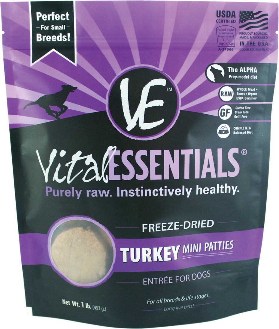 Vital Essentials Turkey Entree Mini Patties Grain-Free Freeze-Dried Dog Food, 1-lb bag