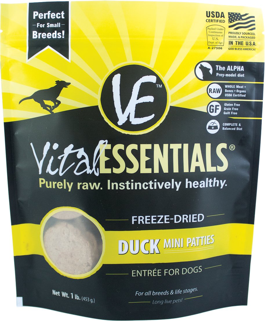 Vital Essentials Duck Entree Mini Patties Grain-Free Freeze-Dried Dog Food, 1-lb bag