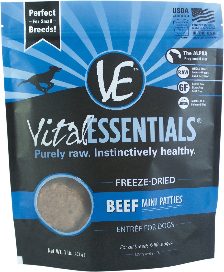 Vital Essentials Beef Entree Mini Pet Patties Grain-Free Freeze-Dried Dog Food, 1-lb bag