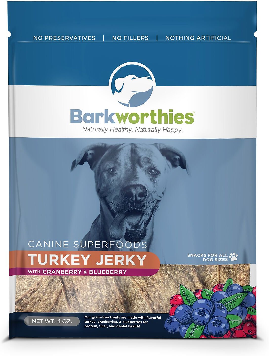 Barkworthies Turkey with Cranberry & Blueberry Superfood Jerky Dog Treats, 4-oz bag