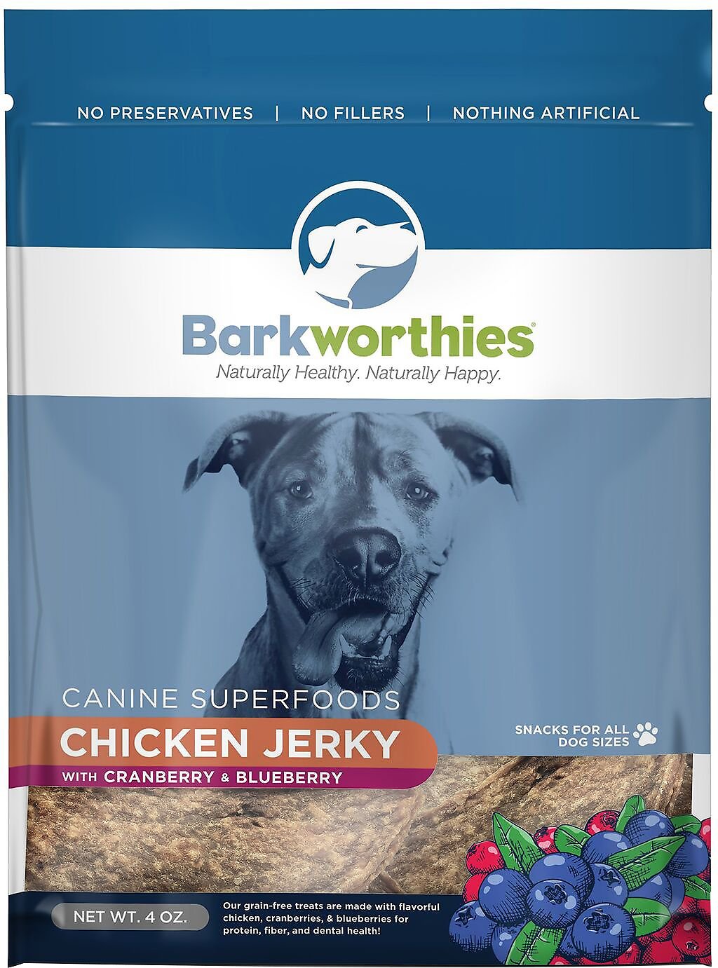 Barkworthies Chicken with Cranberry & Blueberry Superfood Jerky Dog Treats, 4-oz bag