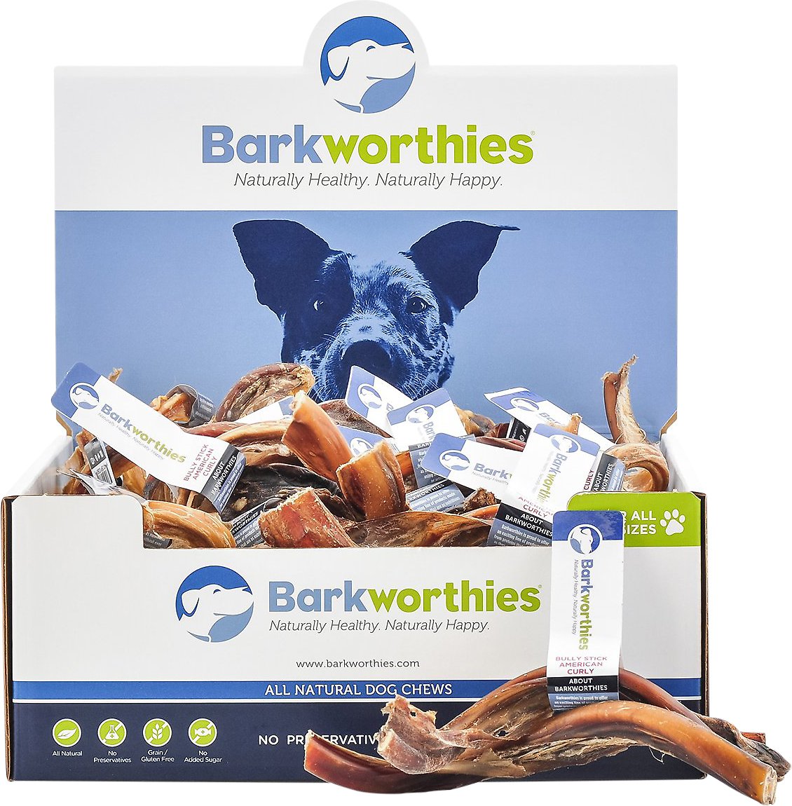 Barkworthies American Curly Bully Sticks Dog Treats, Case of 40