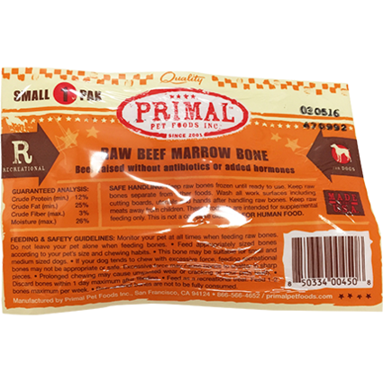 Primal Raw Beef Marrow Bone Raw Frozen Dog Treats, Small, 1-pk