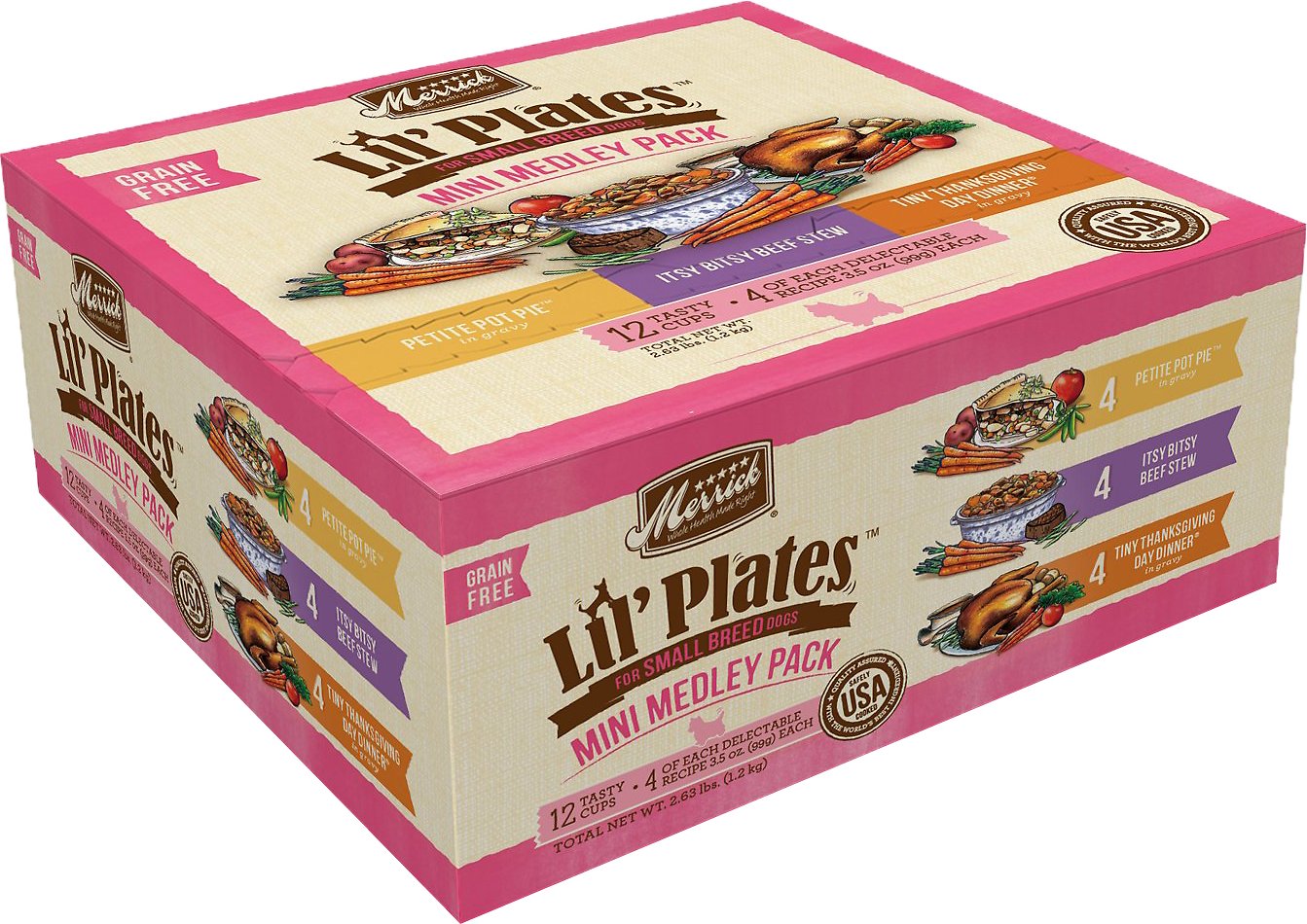 Merrick Lil' Plates Mini Medley Grain-Free Variety Pack Adult Dog Food Trays, 3.5-oz