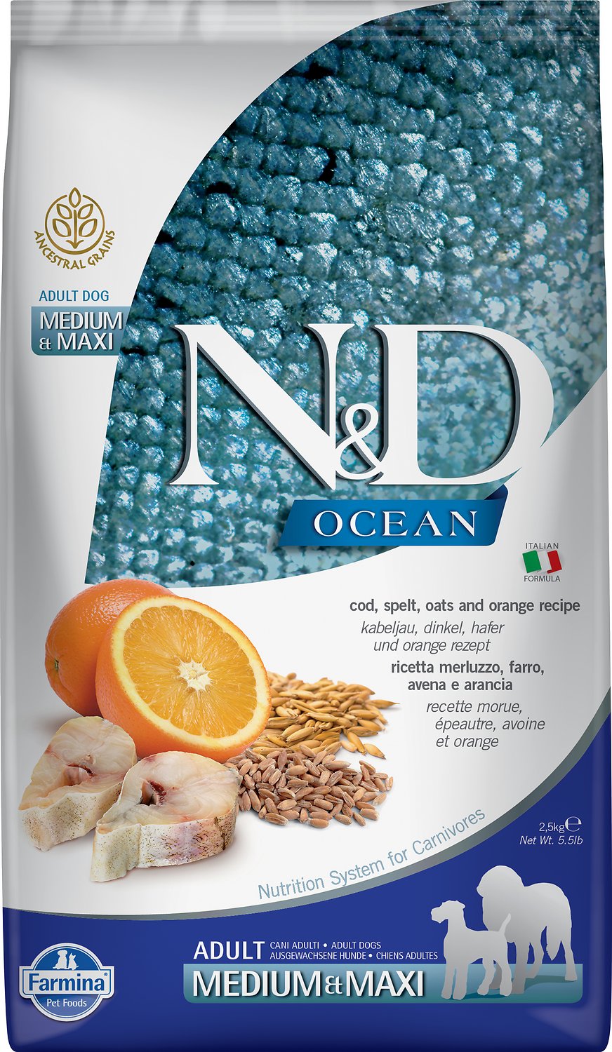 Farmina N&D Ocean Cod, Spelt, Oats & Orange Medium & Maxi Adult Dry Dog Food, 5.5-lb