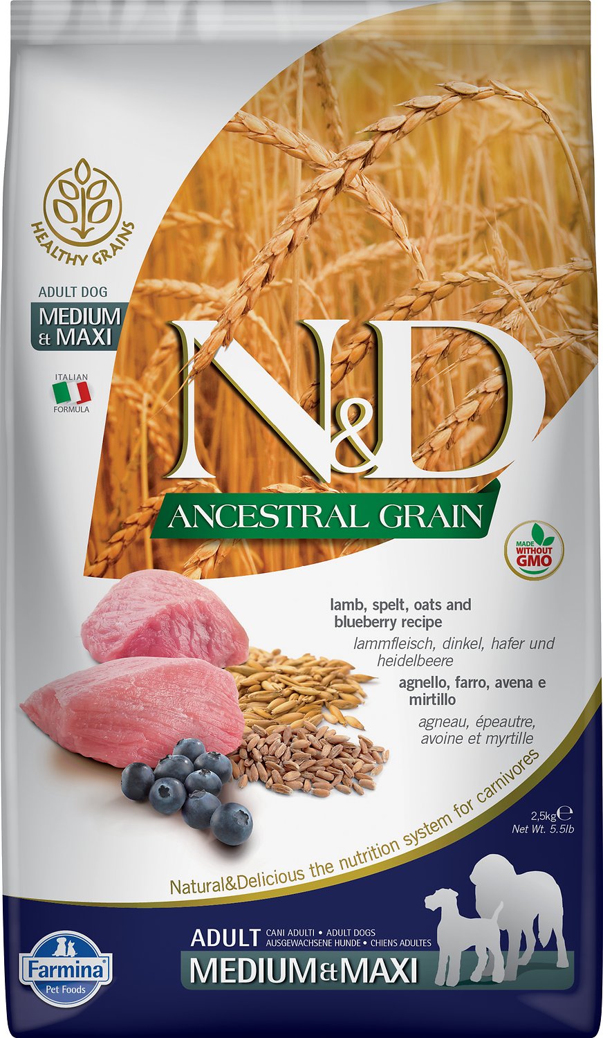 Farmina N&D Ancestral Grain Lamb & Blueberry Medium & Maxi Adult Dry Dog Food, 5.5-lb
