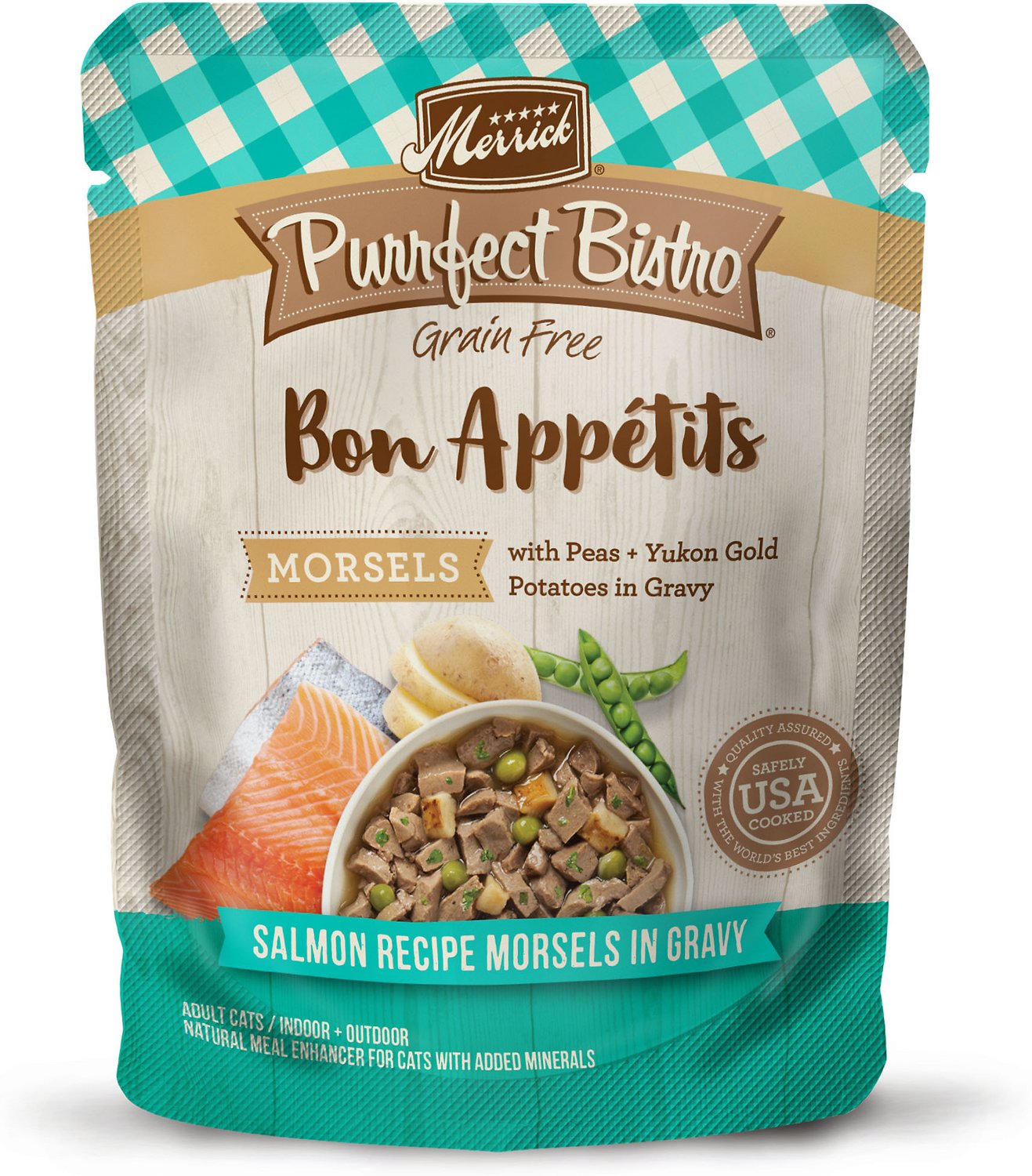 Merrick Purrfect Bistro Bon Appetits Grain-Free Salmon Recipe Morsels in Gravy Adult Cat Food Pouches, 3-oz